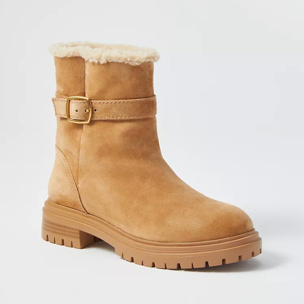 ANN TAYLOR Suede Sherpa Buckle Booties